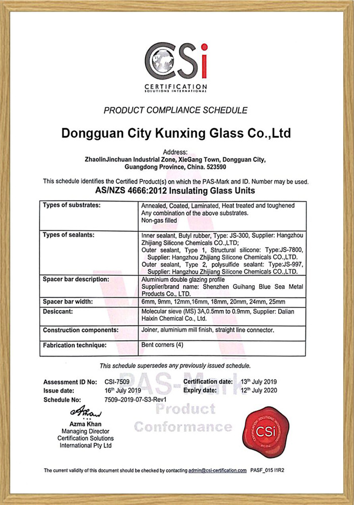 KXG ASNZS 2208 for insulated glass