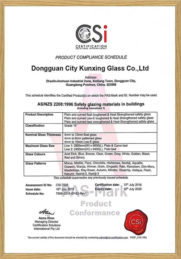 KXG ASNZS 2208 for tempered glass